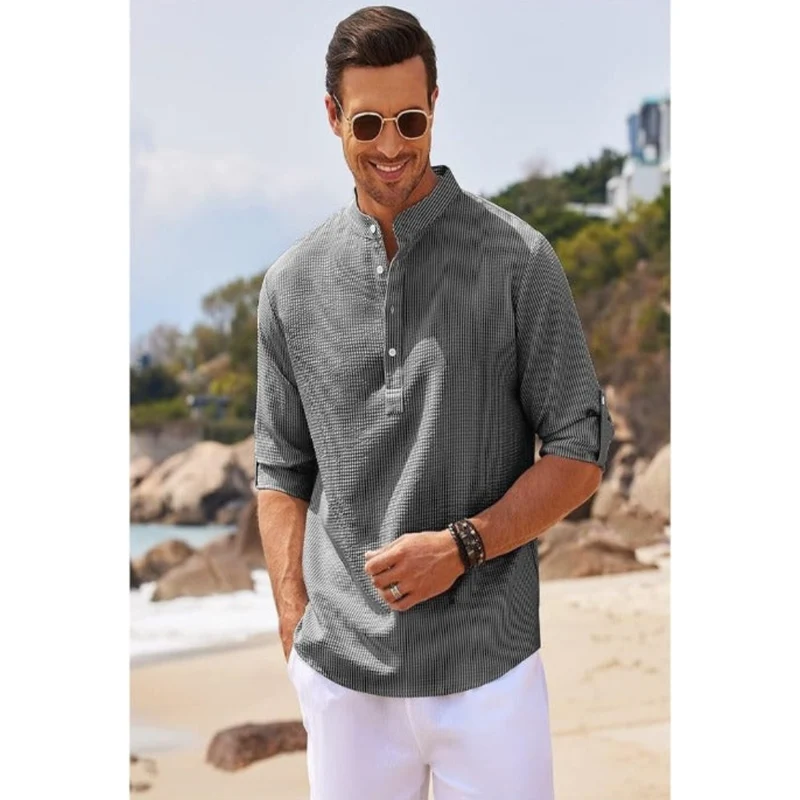 Herren Stehkragen Slim Fit Sommerhemd