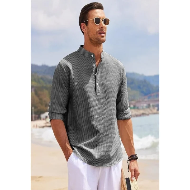 Herren Stehkragen Slim Fit Sommerhemd