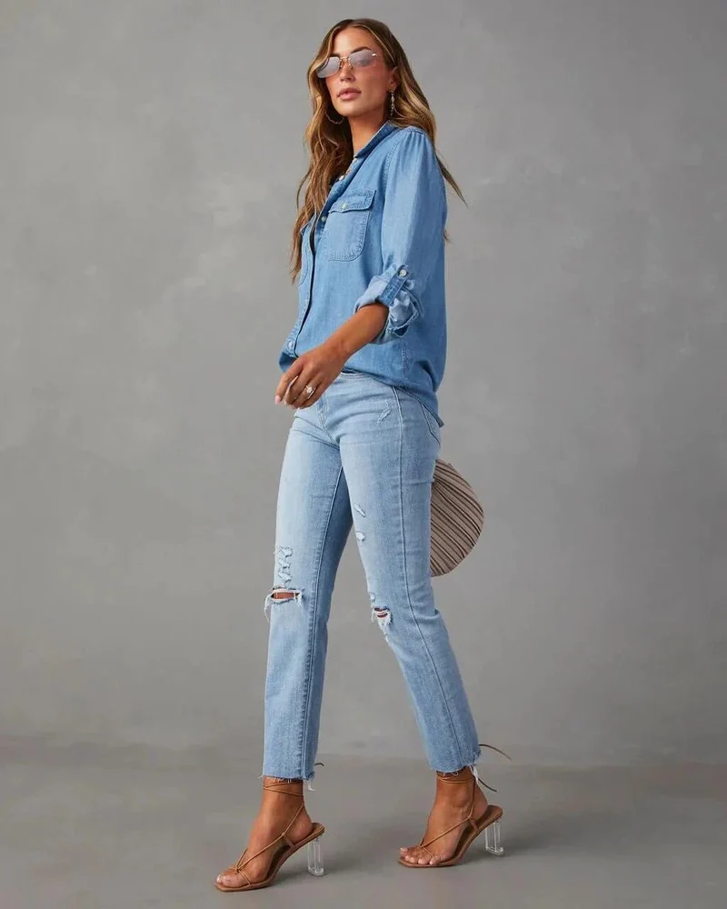 Damen Oversized Brusttaschen Denim Bluse