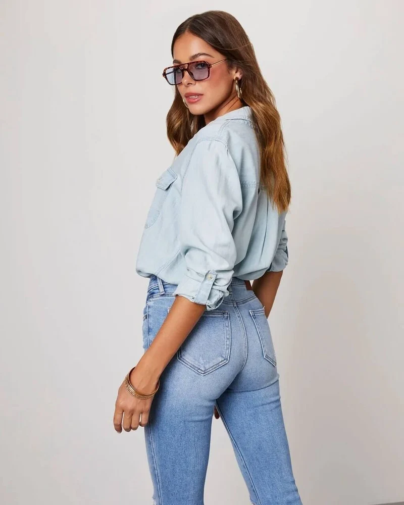 Damen Oversized Brusttaschen Denim Bluse