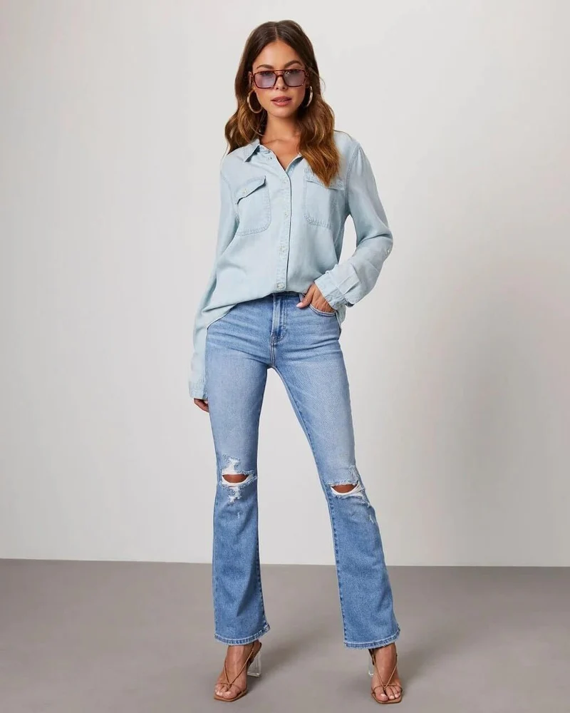 Damen Oversized Brusttaschen Denim Bluse