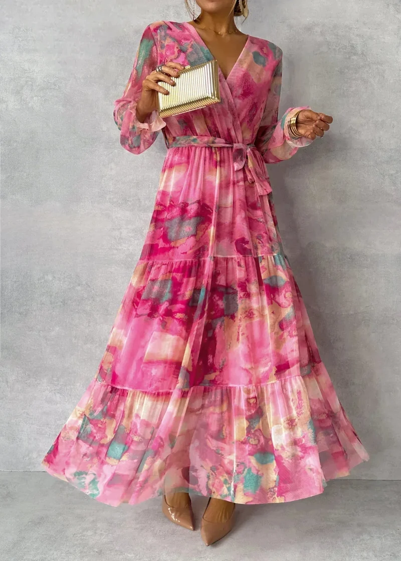 Damen Wickeloptik Sommer Geblümtes Maxikleid