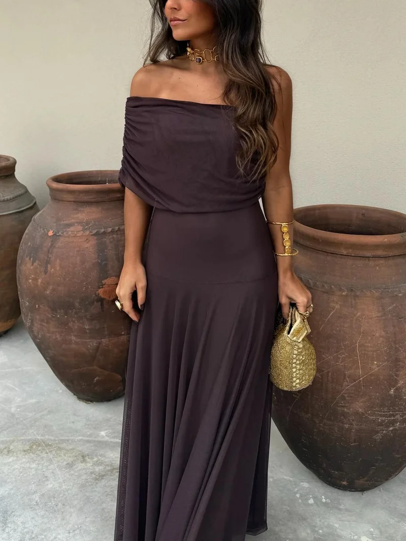 Damen Sommer Off Shoulder Maxi Trägerkleid
