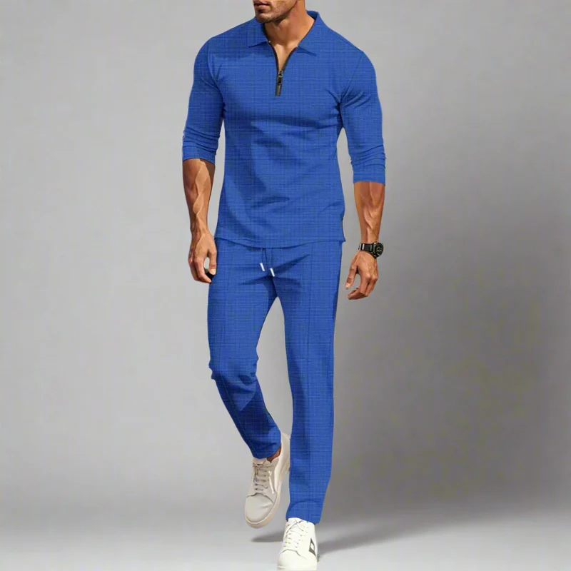 Lässiges Streetwear-Set für Herren – einfarbiges Langarm-Oberteil mit halbem Reißverschluss und passende Hose, leicht und atmungsaktiv