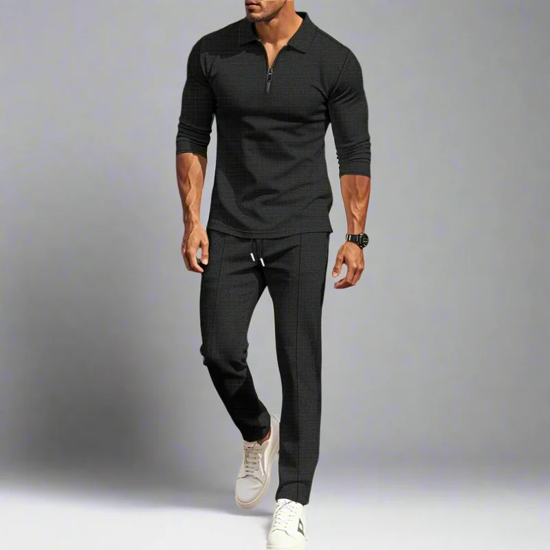 Lässiges Streetwear-Set für Herren – einfarbiges Langarm-Oberteil mit halbem Reißverschluss und passende Hose, leicht und atmungsaktiv