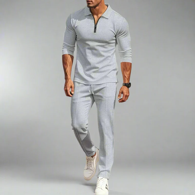 Lässiges Streetwear-Set für Herren – einfarbiges Langarm-Oberteil mit halbem Reißverschluss und passende Hose, leicht und atmungsaktiv