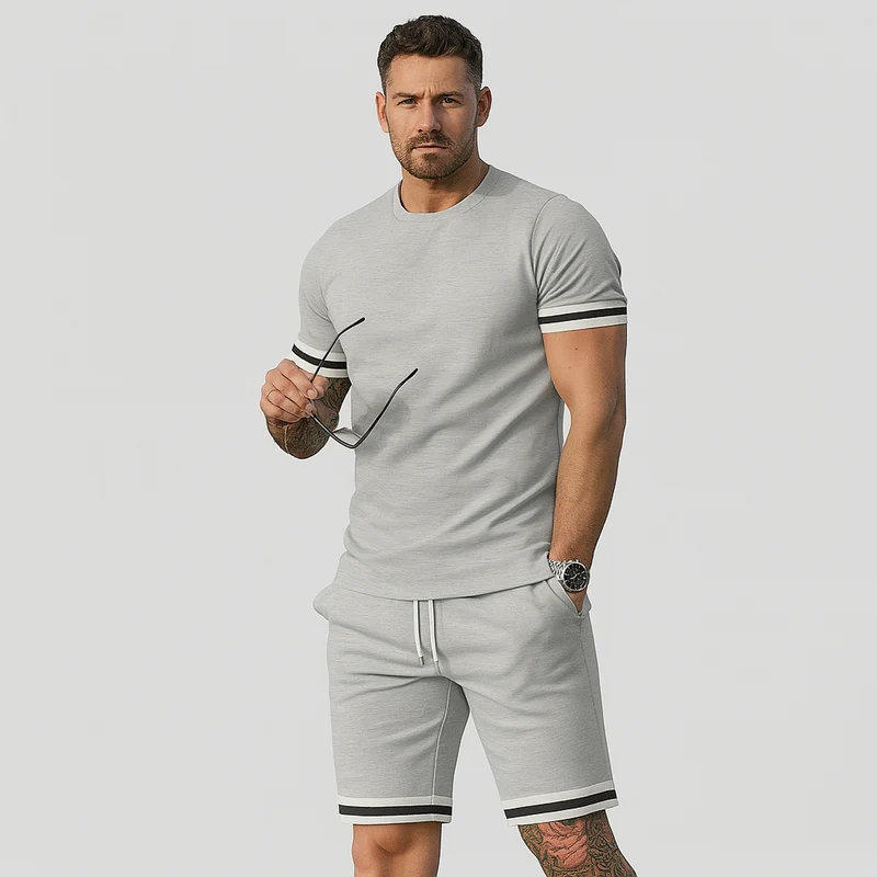 Neues lässiges 2-teiliges Herren-Set – Kurzarm-T-Shirt mit Rundhalsausschnitt und Shorts mit Kordelzug in Unifarbe