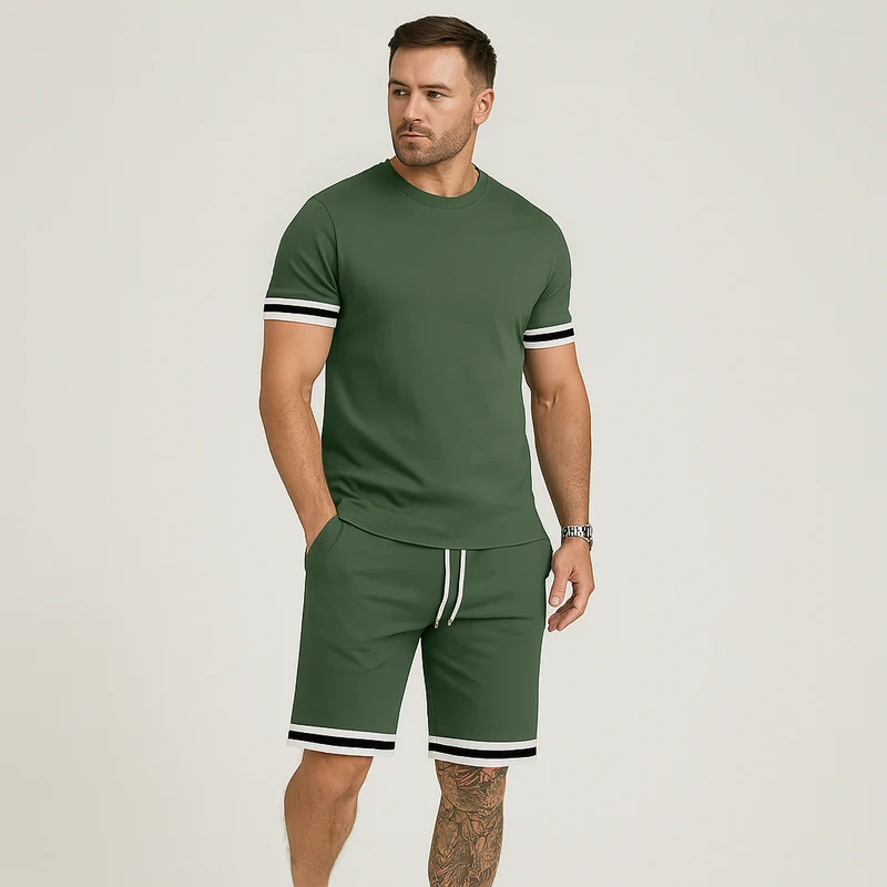 Neues lässiges 2-teiliges Herren-Set – Kurzarm-T-Shirt mit Rundhalsausschnitt und Shorts mit Kordelzug in Unifarbe