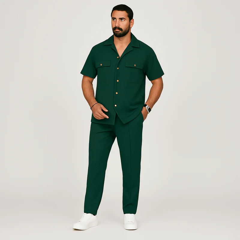 2-teiliges Sommer-Set für Herren – Lässiges Strandhemd mit Doppeltaschen und passende lange Hose