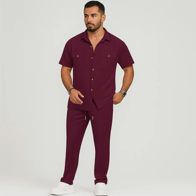 2-teiliges Sommer-Set für Herren – Lässiges Strandhemd mit Doppeltaschen und passende lange Hose