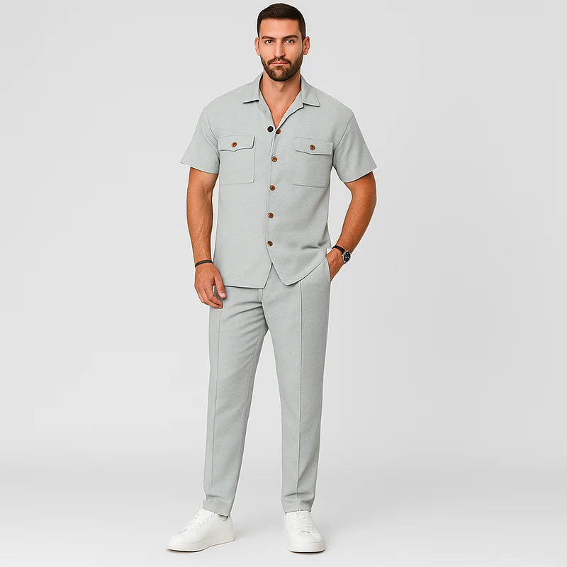 2-teiliges Sommer-Set für Herren – Lässiges Strandhemd mit Doppeltaschen und passende lange Hose