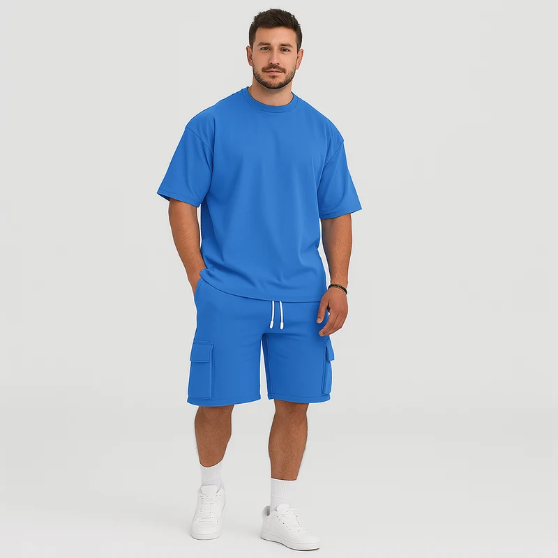 Herren-Sportbekleidungsset – Atmungsaktives Polyester-Rundhals-T-Shirt & Shorts mit Kordelzug und Taschen