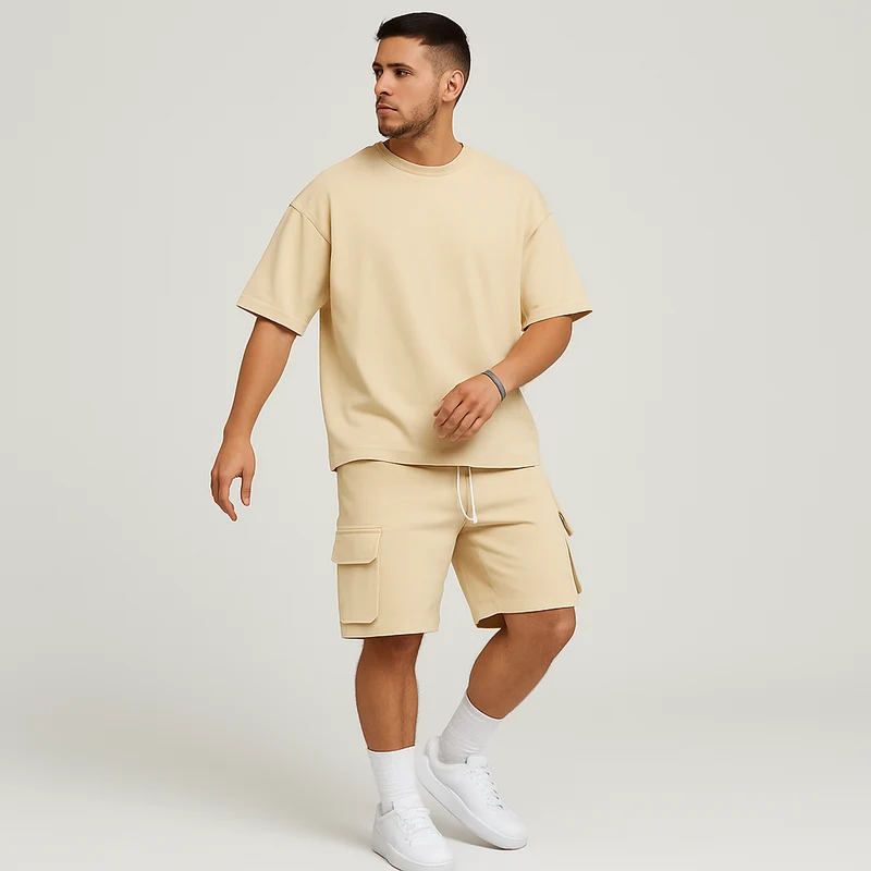 Herren-Sportbekleidungsset – Atmungsaktives Polyester-Rundhals-T-Shirt & Shorts mit Kordelzug und Taschen