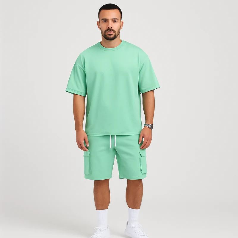 Herren-Sportbekleidungsset – Atmungsaktives Polyester-Rundhals-T-Shirt & Shorts mit Kordelzug und Taschen