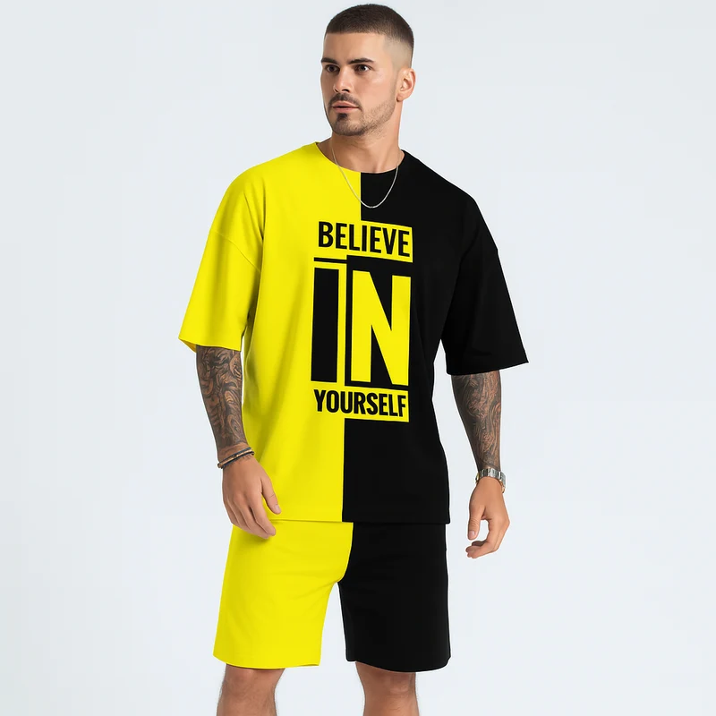 Herren-Motivationsset mit Farbblock-Print – „Glaub an dich selbst“ T-Shirt & passende Shorts