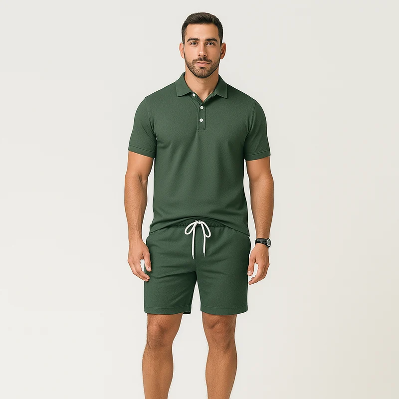 2-teiliges Herren-Poloshirt-Set – Kurzarmhemd mit Kragen und Shorts mit Kordelzug in Dunkelgrün