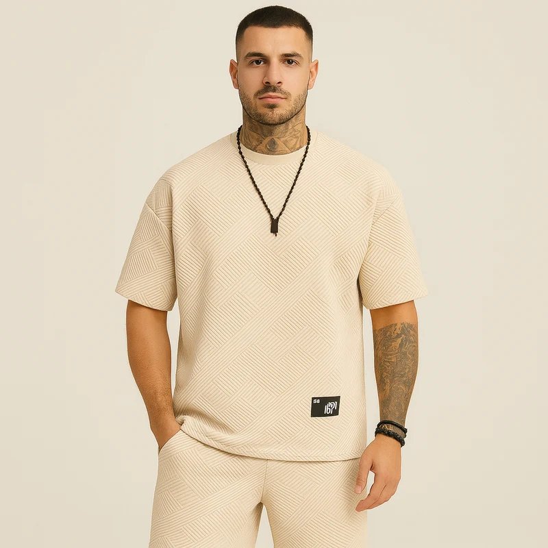 2-teiliges strukturiertes Herren-Set – Kurzarm-Oberteil mit Rundhalsausschnitt und passende Jacquard-Shorts