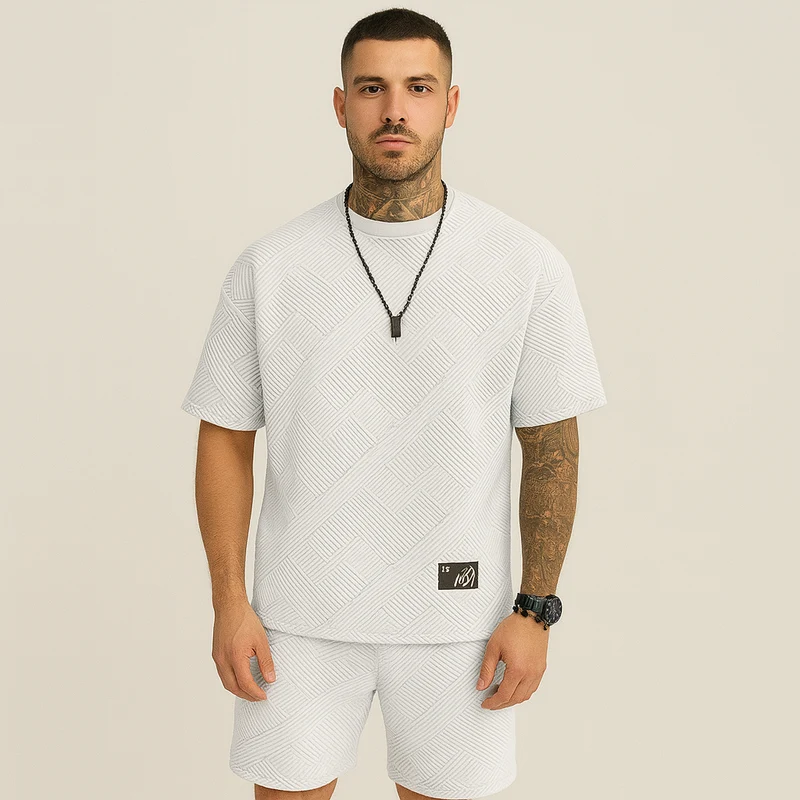 2-teiliges strukturiertes Herren-Set – Kurzarm-Oberteil mit Rundhalsausschnitt und passende Jacquard-Shorts