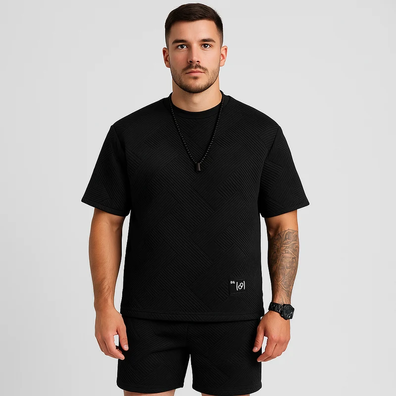 2-teiliges strukturiertes Herren-Set – Kurzarm-Oberteil mit Rundhalsausschnitt und passende Jacquard-Shorts