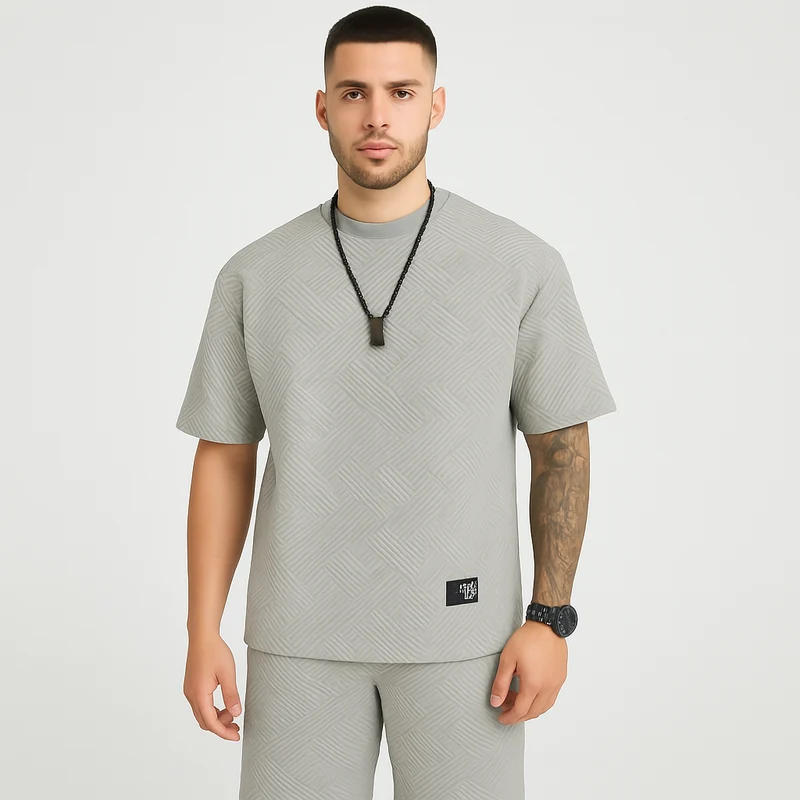 2-teiliges strukturiertes Herren-Set – Kurzarm-Oberteil mit Rundhalsausschnitt und passende Jacquard-Shorts