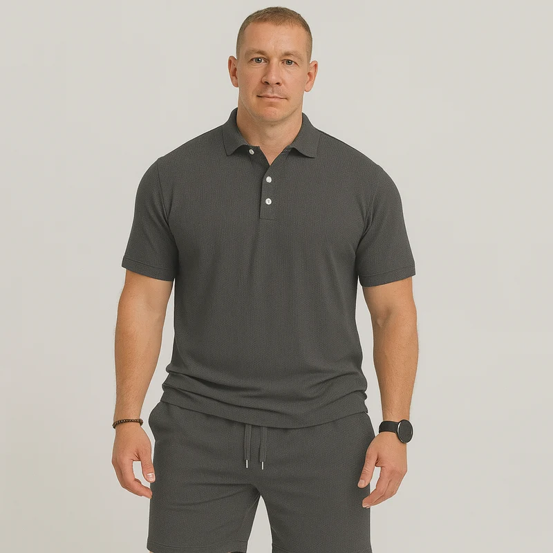 Herren Sommer Casual Set – Leichtes Oberteil mit Golfkragen und einfarbige Shorts mit Taschen
