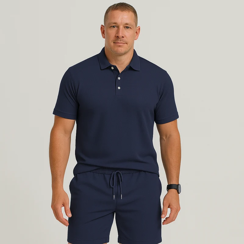 Herren Sommer Casual Set – Leichtes Oberteil mit Golfkragen und einfarbige Shorts mit Taschen