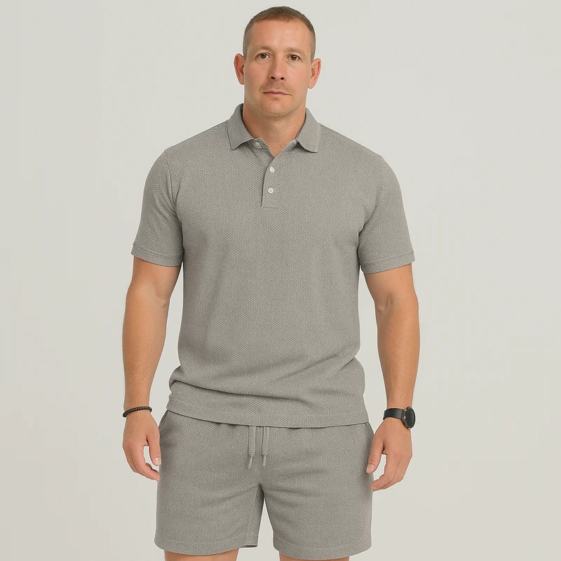 Herren Sommer Casual Set – Leichtes Oberteil mit Golfkragen und einfarbige Shorts mit Taschen