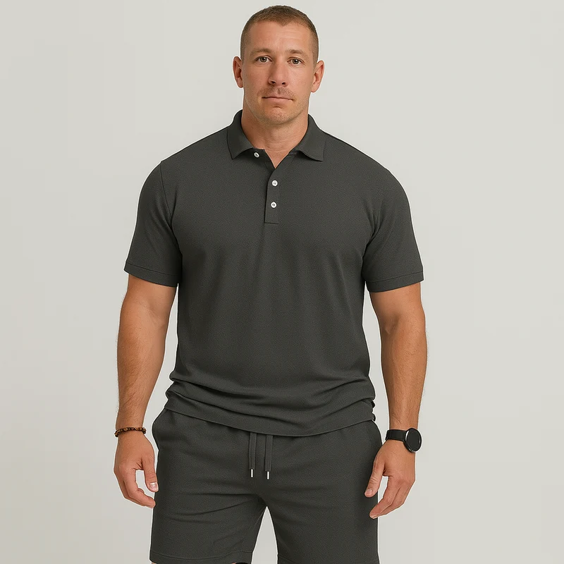Herren Sommer Casual Set – Leichtes Oberteil mit Golfkragen und einfarbige Shorts mit Taschen