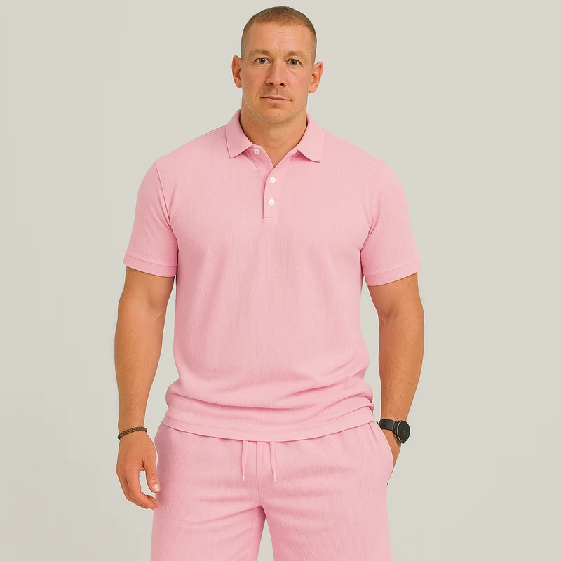 Herren Sommer Casual Set – Leichtes Oberteil mit Golfkragen und einfarbige Shorts mit Taschen