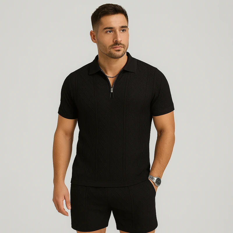 Sportliches 2-teiliges Herren-Set – Atmungsaktives, schnelltrocknendes Wendehemd und Jacquard-Shorts