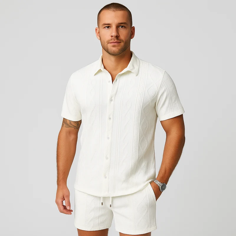 2-teiliges Jacquard-Strick-Set für Herren – Kurzarmhemd und Shorts in Unifarbe, Premium-Freizeitoutfit