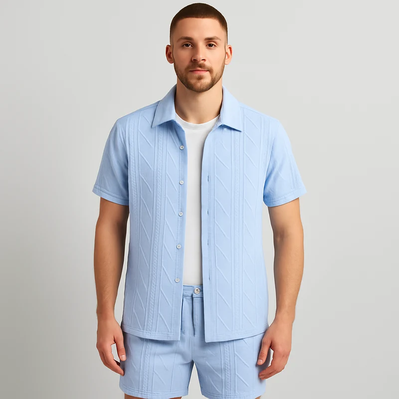 2-teiliges Jacquard-Strick-Set für Herren – Kurzarmhemd und Shorts in Unifarbe, Premium-Freizeitoutfit