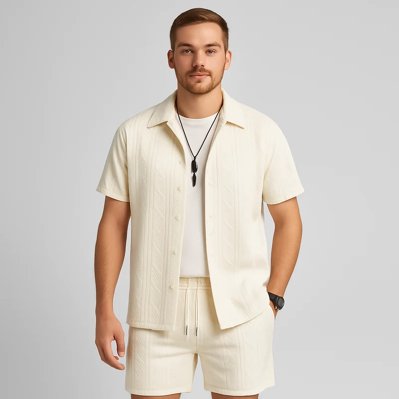 2-teiliges Jacquard-Strick-Set für Herren – Kurzarmhemd und Shorts in Unifarbe, Premium-Freizeitoutfit