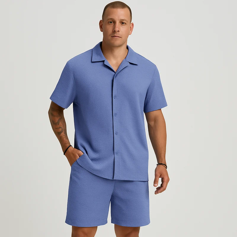 Lässiges Herren-Set – Kurzarmhemd mit Kragen und Shorts mit strukturiertem Karomuster