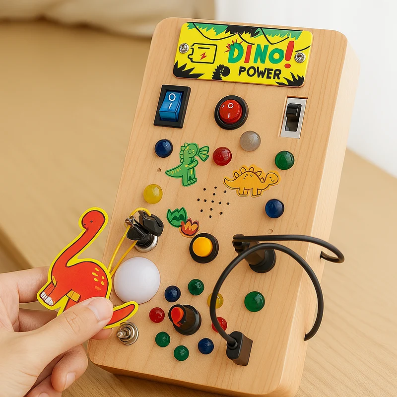 Dinosaurier-Aktivitätsspielzeug aus Holz – Lernschachspiel mit Lichtern, Musik und Sensoren