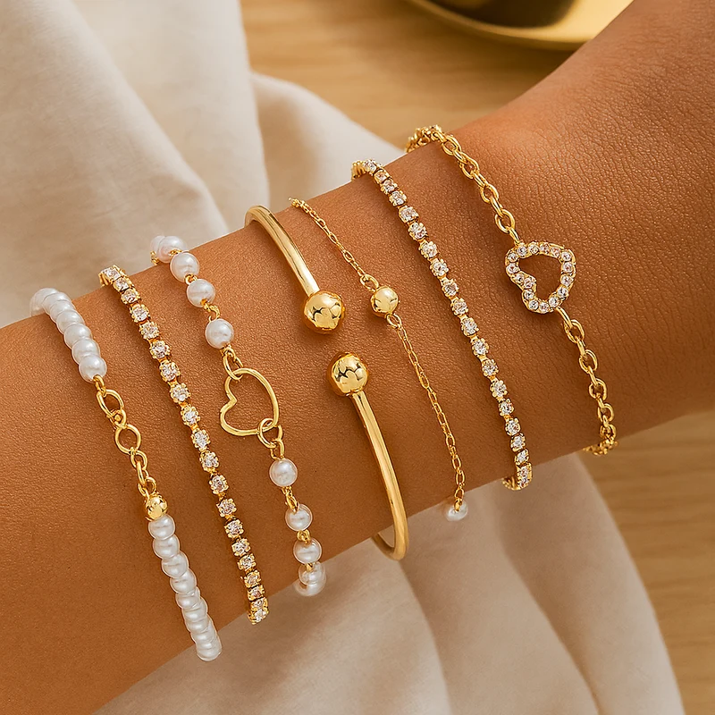8-teiliges elegantes Armbandset – Herzanhänger & Lagenschmuck für Damen