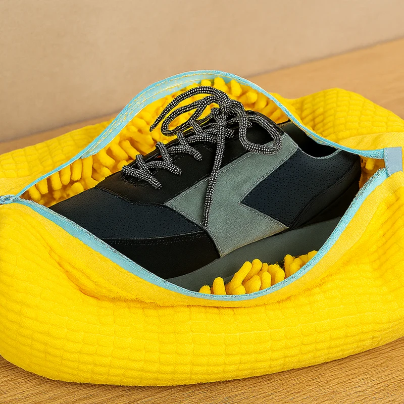Gelber Schuhwaschbeutel für Waschmaschine und Trockner – Weiches Chenille-Futter und Reißverschluss