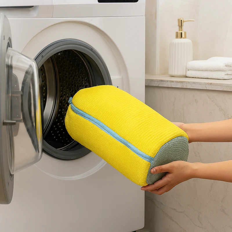 Gelber Schuhwaschbeutel für Waschmaschine und Trockner – Weiches Chenille-Futter und Reißverschluss