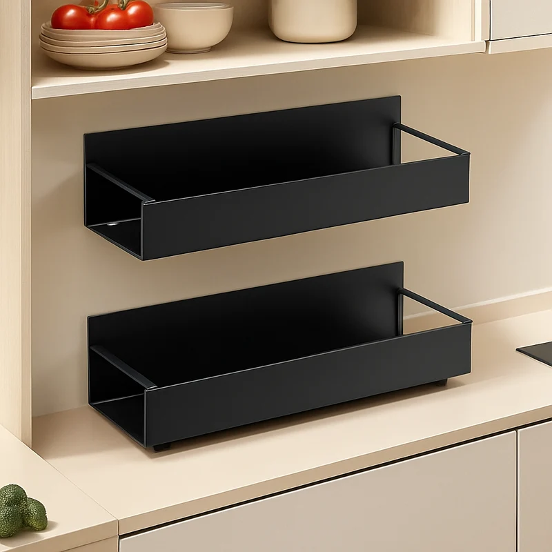 Magnetisches Seitenregal – Schwarzes Metall, Wandmontage ohne Bohren für Kühlschrank oder Waschmaschine