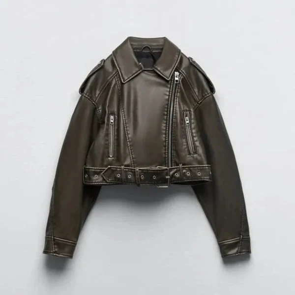 Damen Cropped Biker Lederjacke