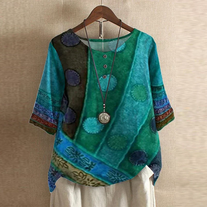 Damen Vintage Bedruckt Kurzarm Bluse