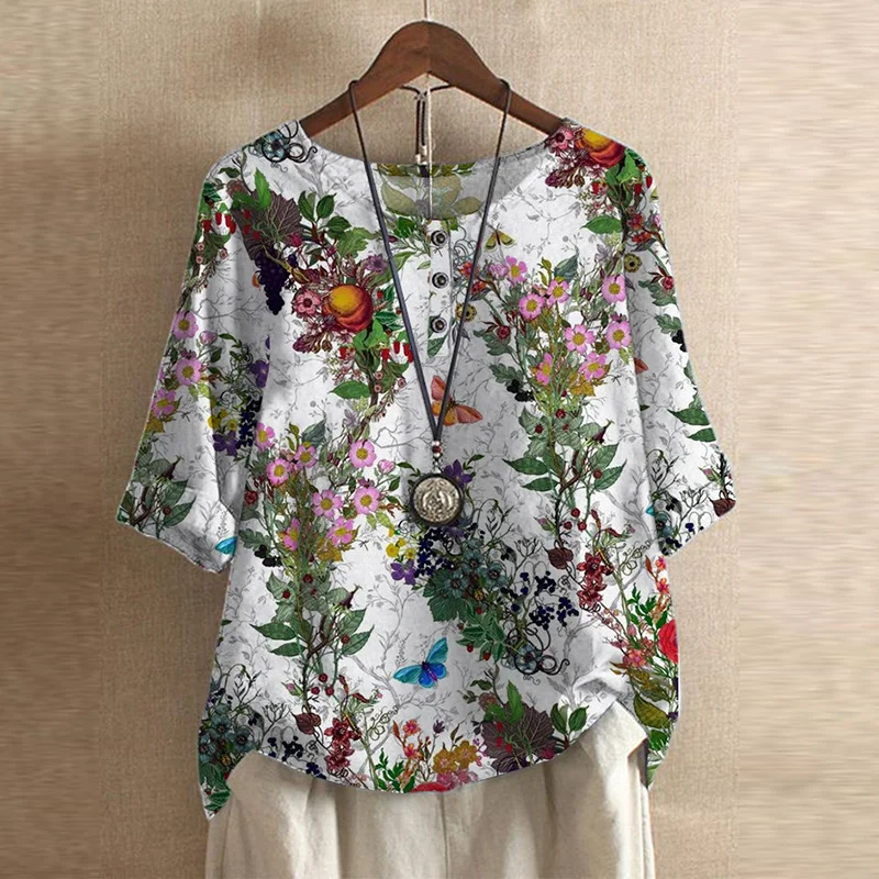 Damen Vintage Bedruckt Kurzarm Bluse