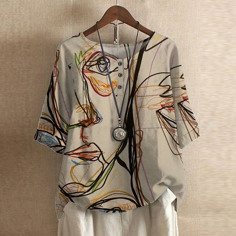 Damen Vintage Bedruckt Kurzarm Bluse