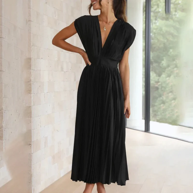 Damen Plissiertes Neckholder Hochzeitsgast Maxi Kleid