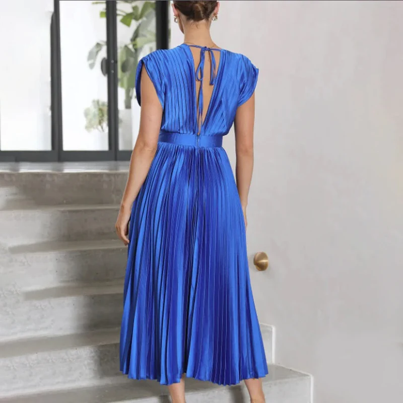 Damen Plissiertes Neckholder Hochzeitsgast Maxi Kleid