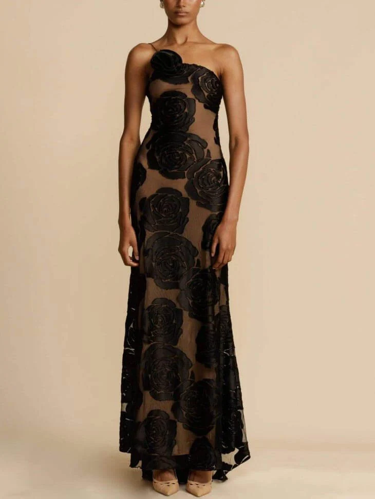 Damen Geblümtes One-Shoulder Festliches Maxi Abendkleid