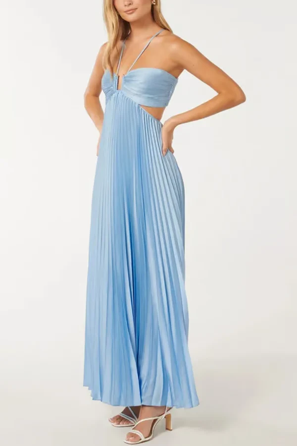 Damen Plissiertes Neckholder Festliches Maxi Sommerkleid