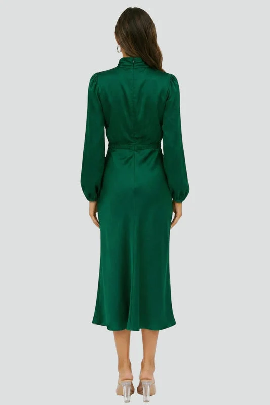 Damen Elegantes Langarm Hochzeitsgast Midi Kleid