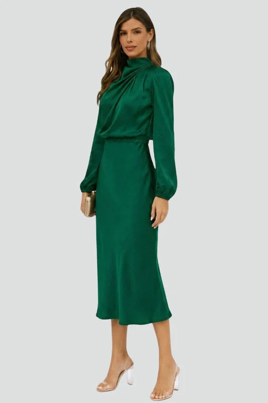 Damen Elegantes Langarm Hochzeitsgast Midi Kleid
