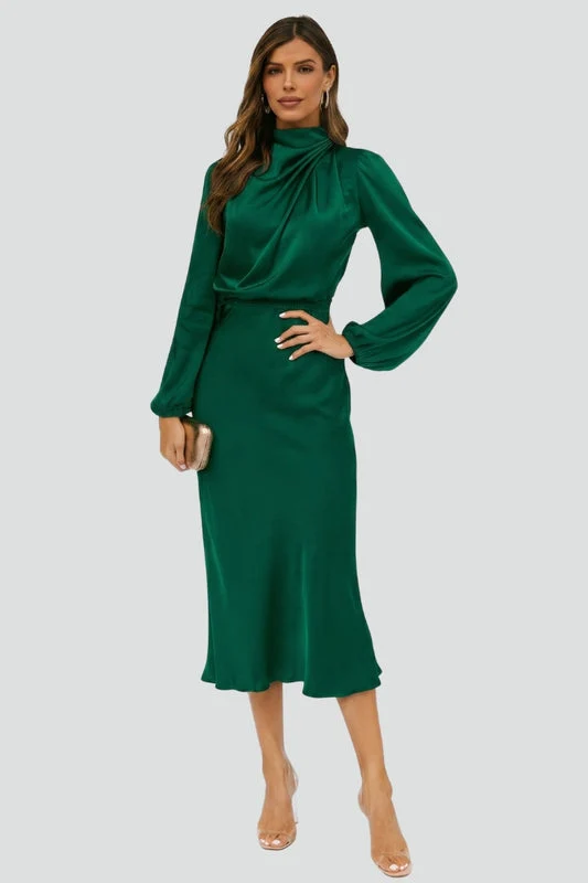 Damen Elegantes Langarm Hochzeitsgast Midi Kleid